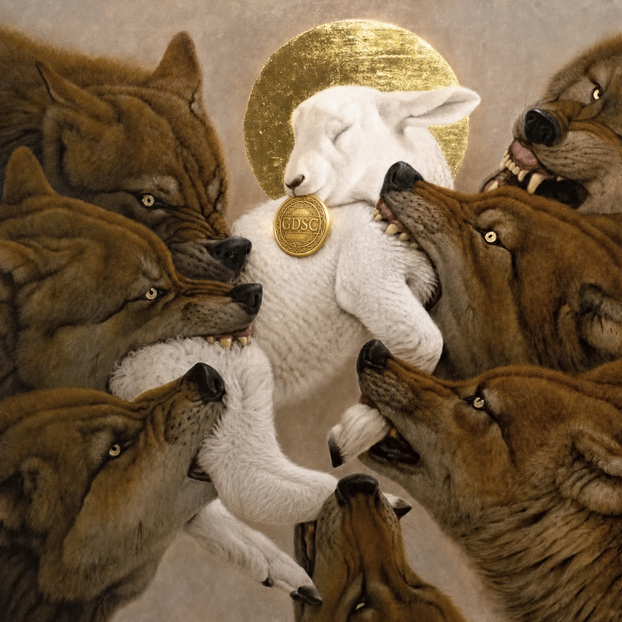 A calm white lamb among wolves, gently holding a glowing GDSC coin in its mouth